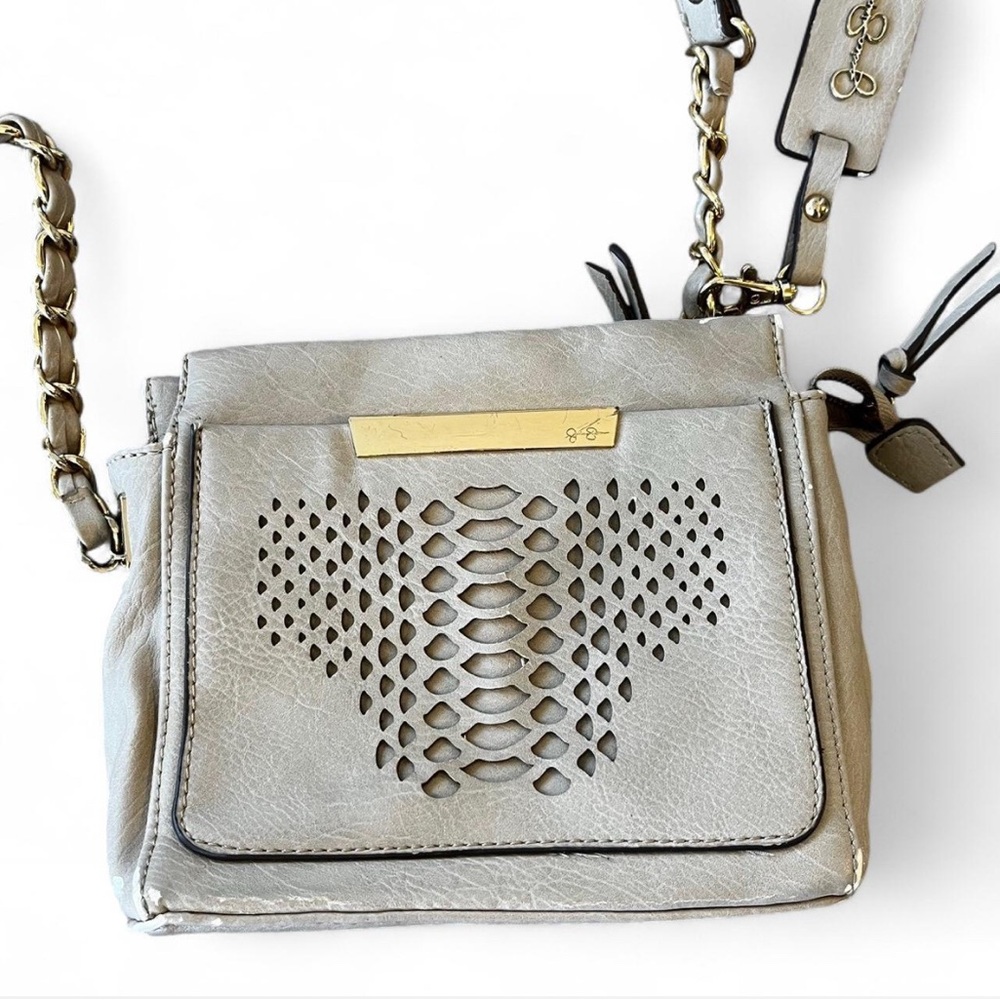 Used Jessica Simpson Cream and Gold Crossbody Bag with Geometric Design